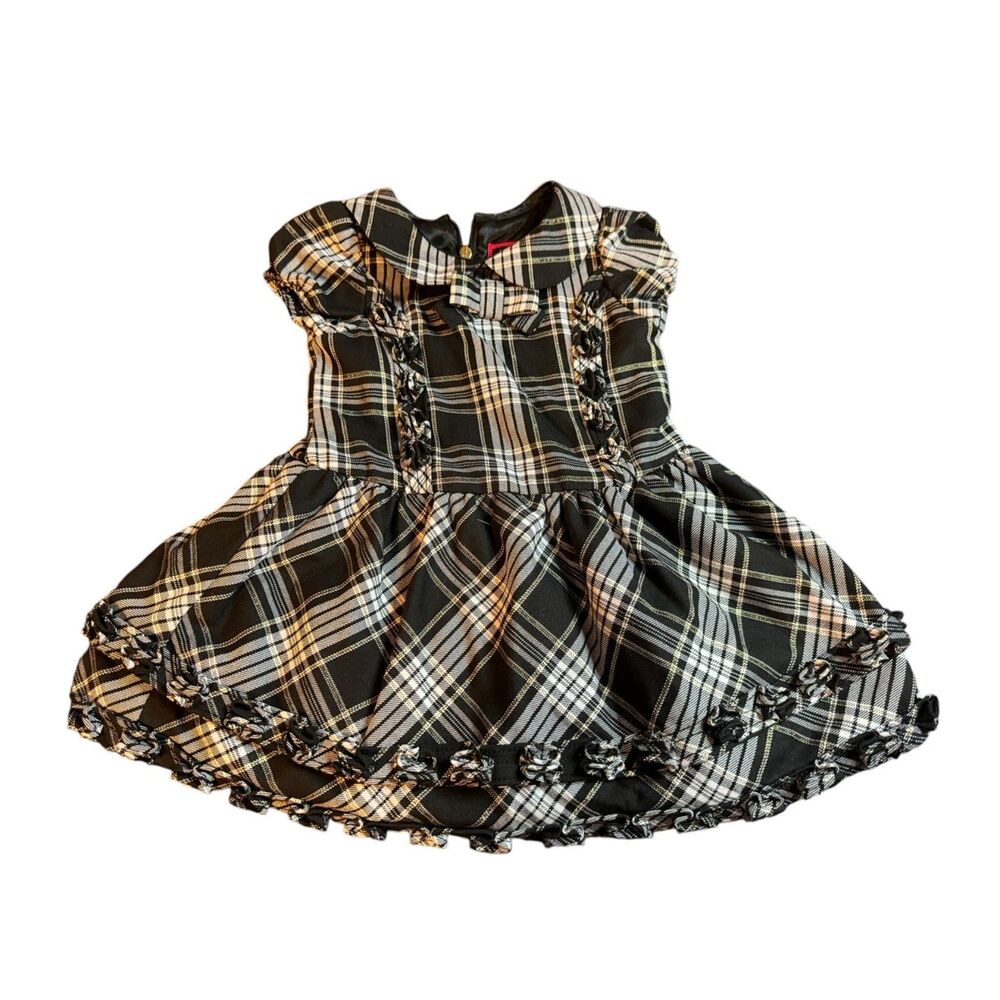 Childrens Place Size  18 month Layered Holiday Plaid Dress in Black Gold & White